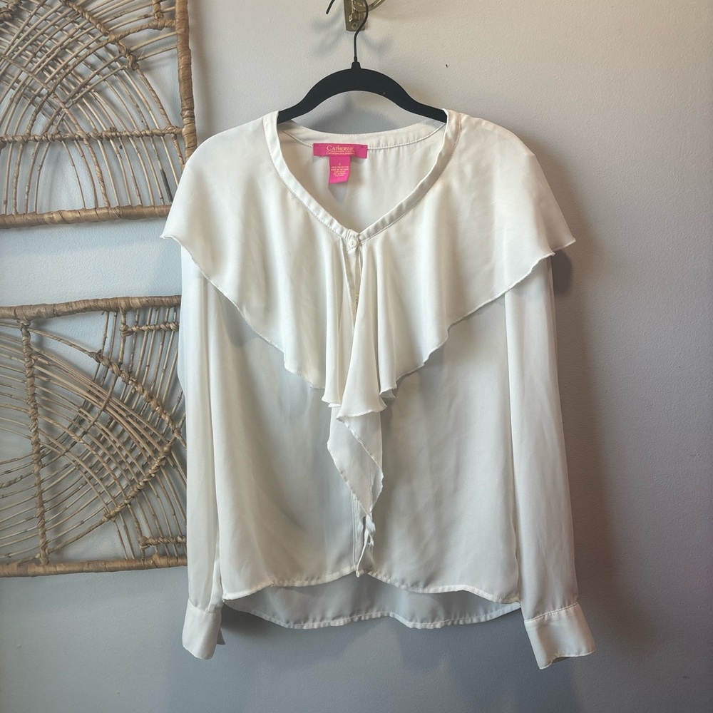 Vintage | Feminine White Blouse with Ruffle Detail and Button Sleeves | Size S